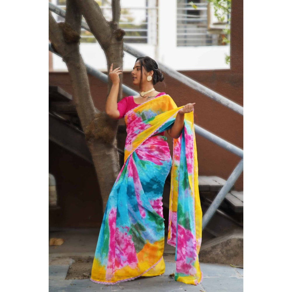 Isadora Life Womens Tie & Dye Printed Multi-Color Pre-Draped Saree with Unstitched Blouse