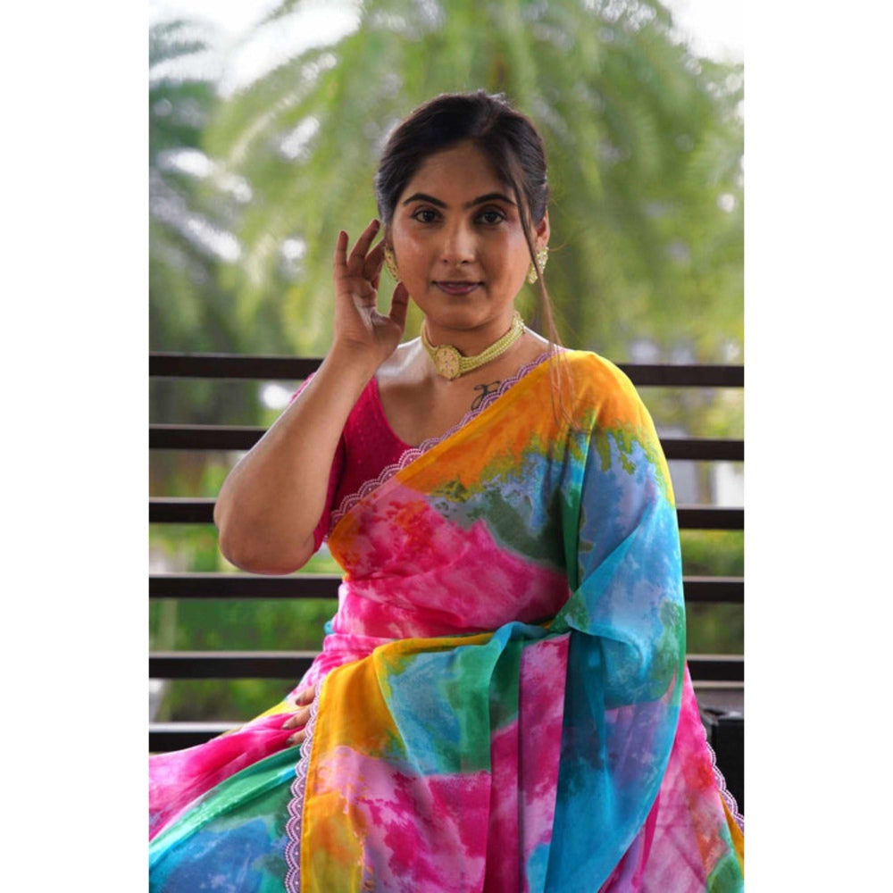Isadora Life Womens Tie & Dye Printed Multi-Color Pre-Draped Saree with Unstitched Blouse