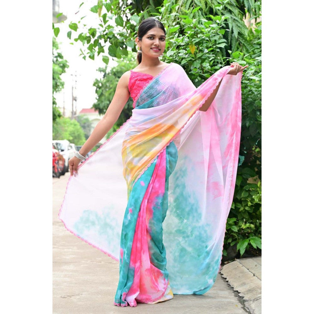 Isadora Life Womens Tie & Dye Printed Multi-Color Pre-Draped Saree with Unstitched Blouse