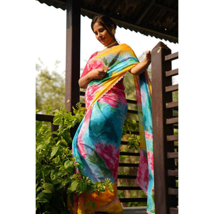 Isadora Life Womens Tie & Dye Printed Multi-Color Pre-Draped Saree with Unstitched Blouse