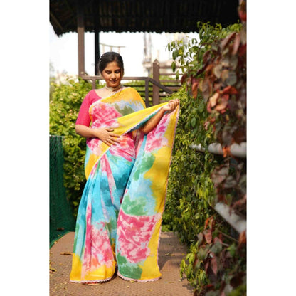 Isadora Life Womens Tie & Dye Printed Multi-Color Pre-Draped Saree with Unstitched Blouse