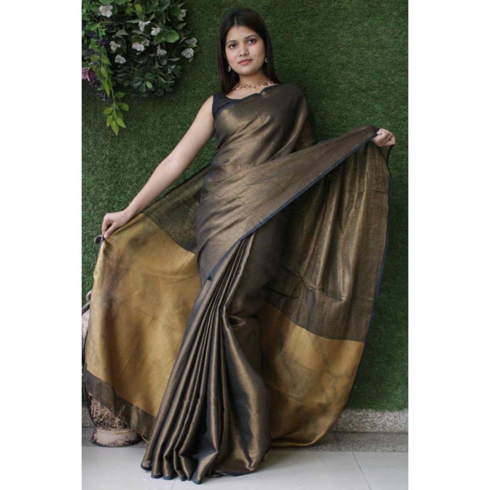 Isadora Life Womens Solid Tassels Brown Pre-Draped Saree with Unstitched Blouse