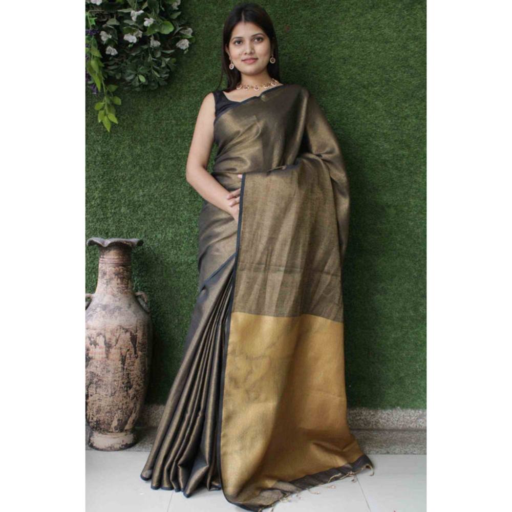 Isadora Life Womens Solid Tassels Brown Pre-Draped Saree with Unstitched Blouse