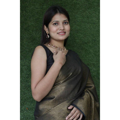 Isadora Life Womens Solid Tassels Brown Pre-Draped Saree with Unstitched Blouse