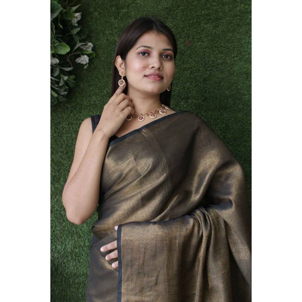 Isadora Life Womens Solid Tassels Brown Pre-Draped Saree with Unstitched Blouse