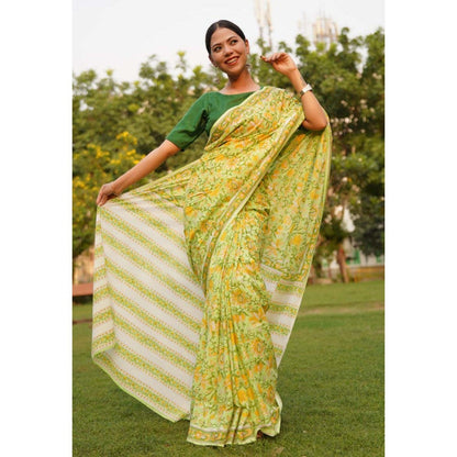 Isadora Life Womens Floral Printed Green Pre-Draped Saree with Unstitched Blouse