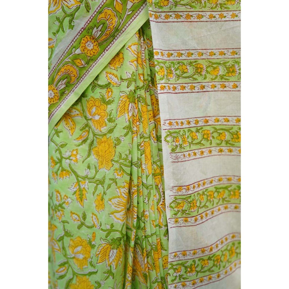 Isadora Life Womens Floral Printed Green Pre-Draped Saree with Unstitched Blouse