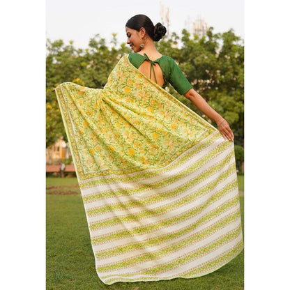 Isadora Life Womens Floral Printed Green Pre-Draped Saree with Unstitched Blouse