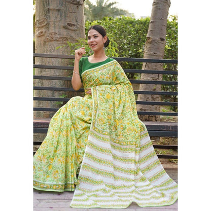 Isadora Life Womens Floral Printed Green Pre-Draped Saree with Unstitched Blouse