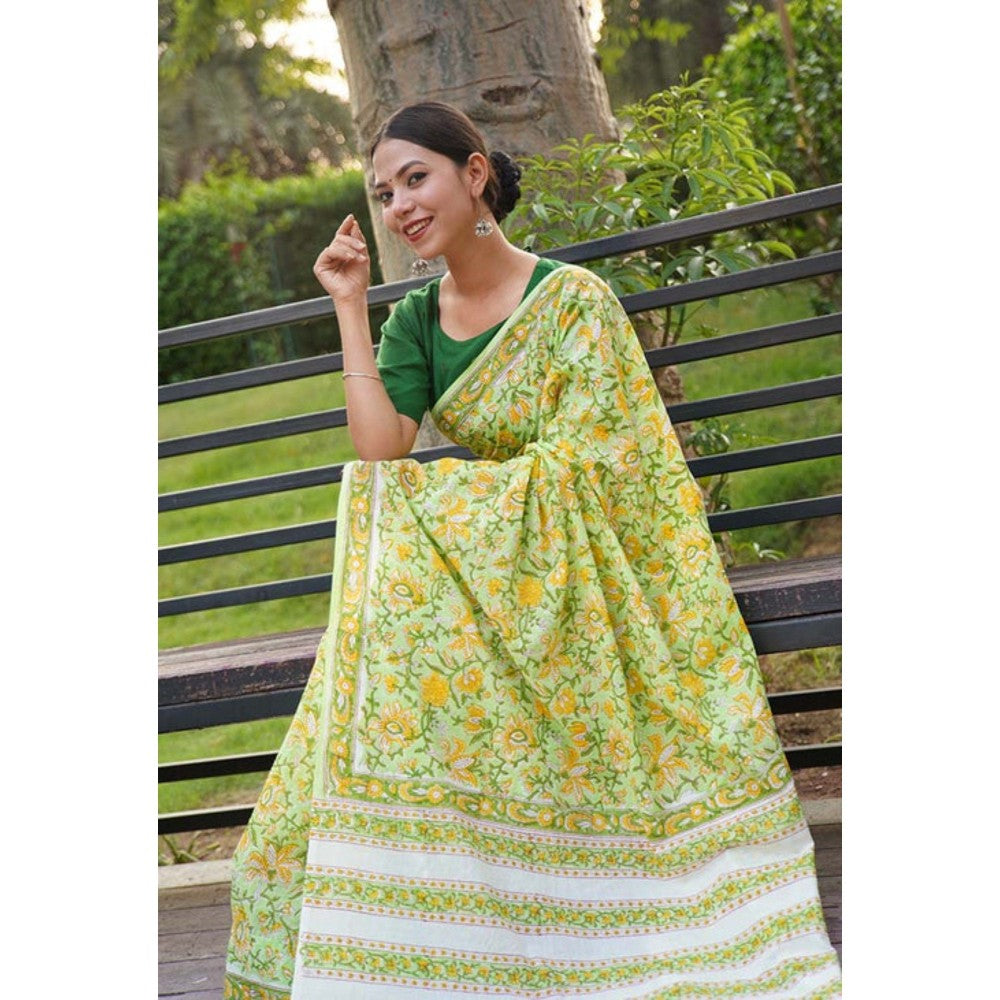 Isadora Life Womens Floral Printed Green Pre-Draped Saree with Unstitched Blouse