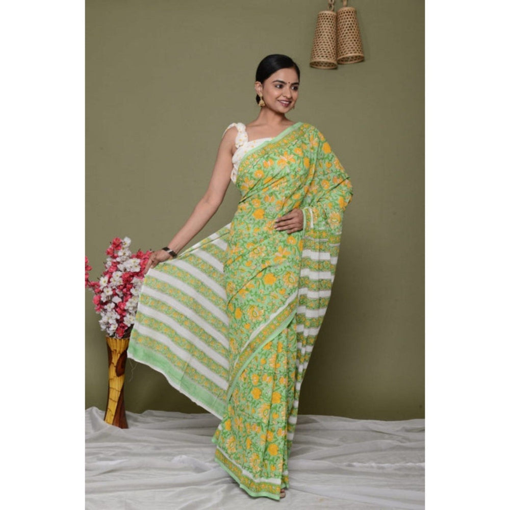 Isadora Life Womens Floral Printed Green Pre-Draped Saree with Unstitched Blouse