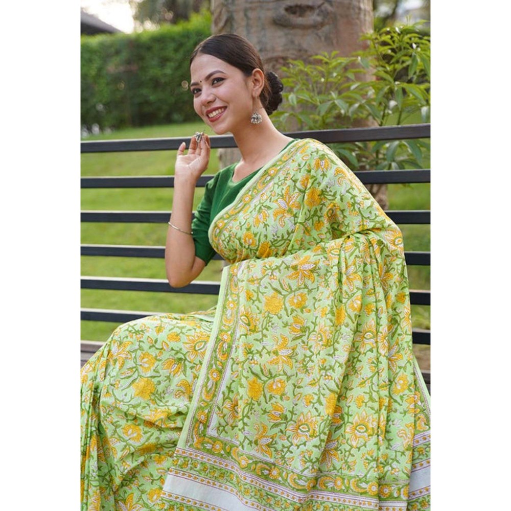 Isadora Life Womens Floral Printed Green Pre-Draped Saree with Unstitched Blouse