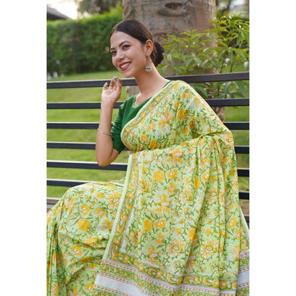 Isadora Life Womens Floral Printed Green Pre-Draped Saree with Unstitched Blouse