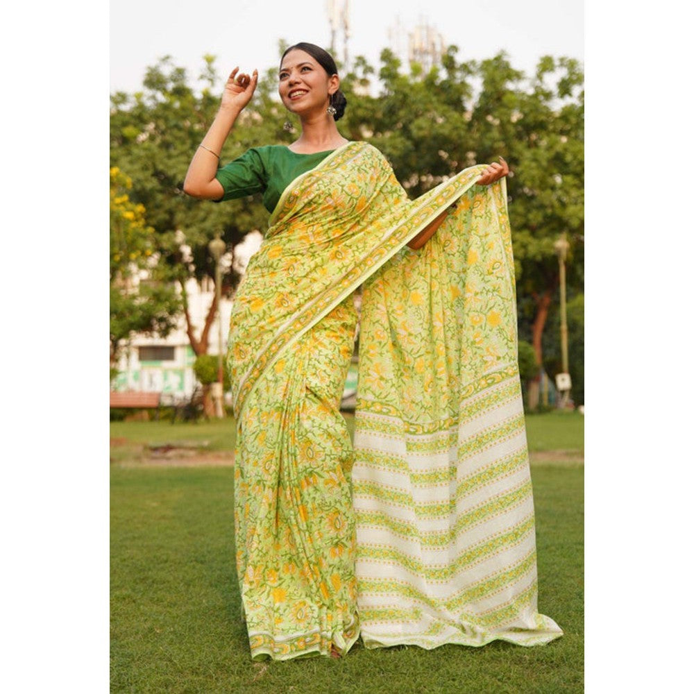 Isadora Life Womens Floral Printed Green Pre-Draped Saree with Unstitched Blouse