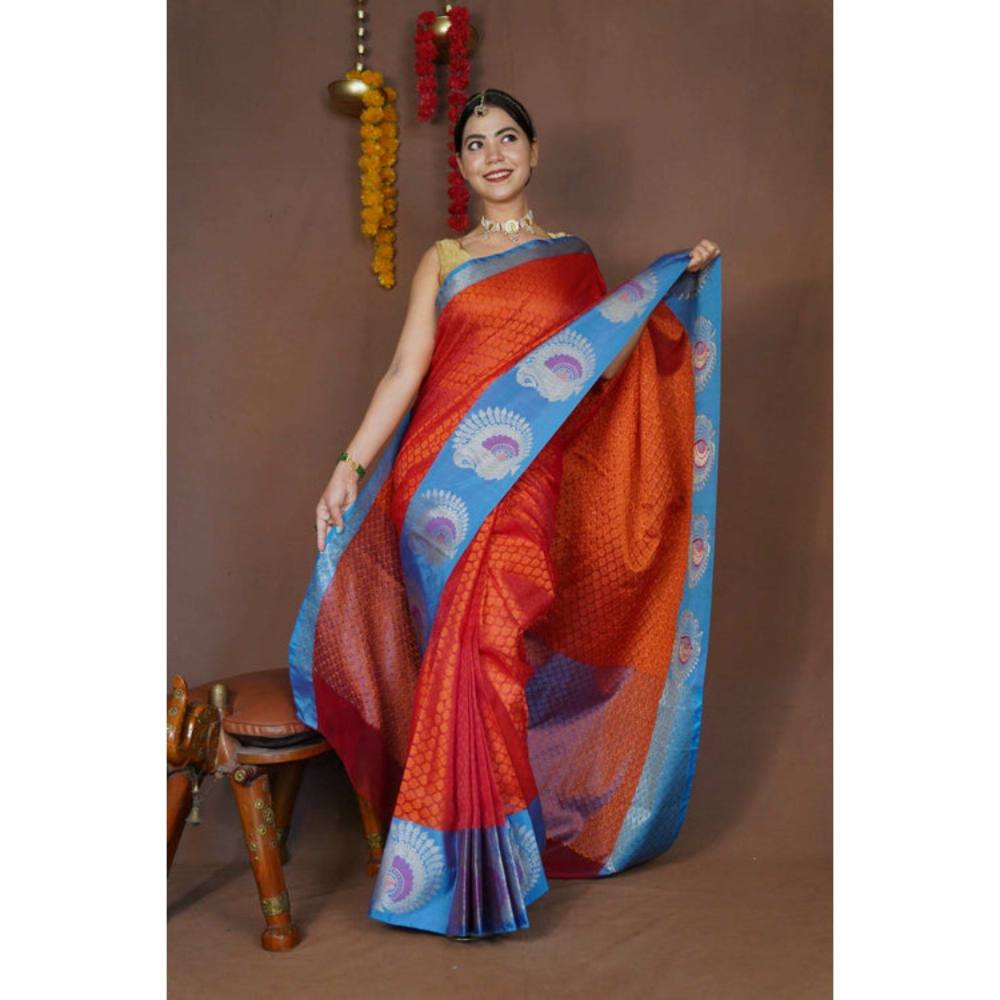 Isadora Life Womens Woven Zari Orange Pre-Draped Saree with Unstitched Blouse
