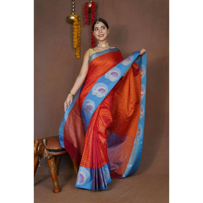 Isadora Life Womens Woven Zari Orange Pre-Draped Saree with Unstitched Blouse