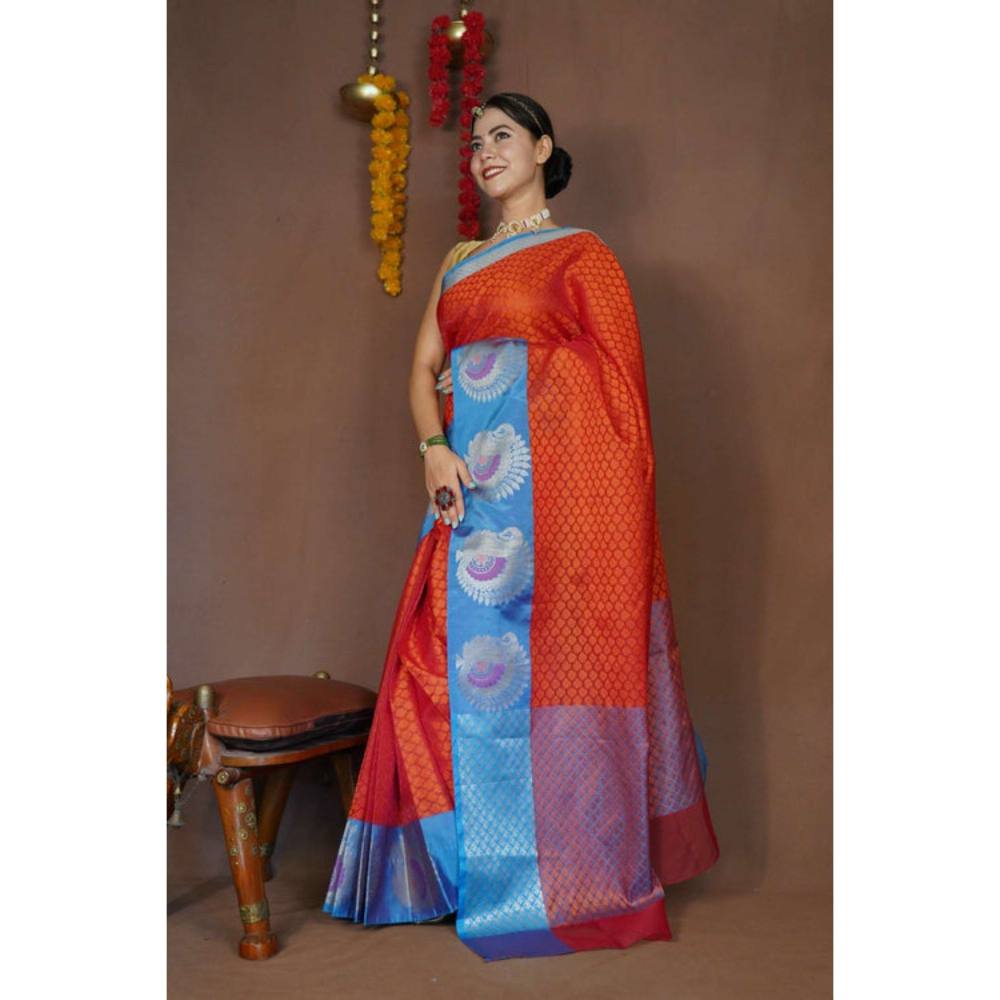 Isadora Life Womens Woven Zari Orange Pre-Draped Saree with Unstitched Blouse