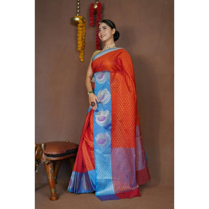 Isadora Life Womens Woven Zari Orange Pre-Draped Saree with Unstitched Blouse