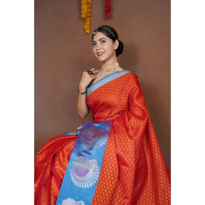 Isadora Life Womens Woven Zari Orange Pre-Draped Saree with Unstitched Blouse