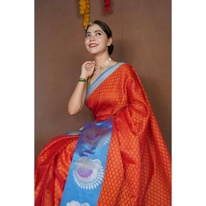 Isadora Life Womens Woven Zari Orange Pre-Draped Saree with Unstitched Blouse