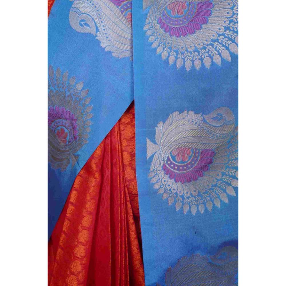 Isadora Life Womens Woven Zari Orange Pre-Draped Saree with Unstitched Blouse