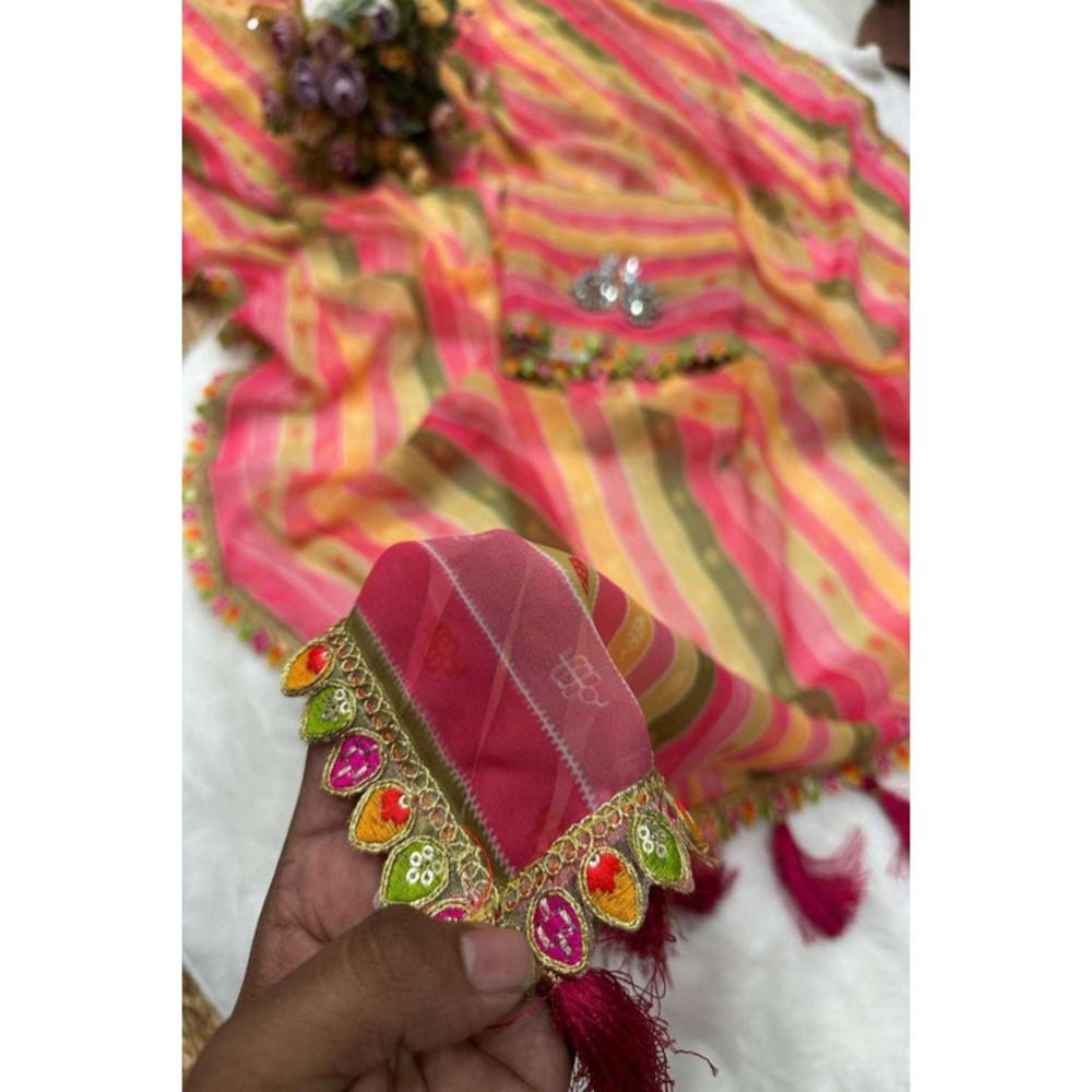 Isadora Life Womens Stripes Tassels Multi-Color Pre-Draped Saree with Unstitched Blouse