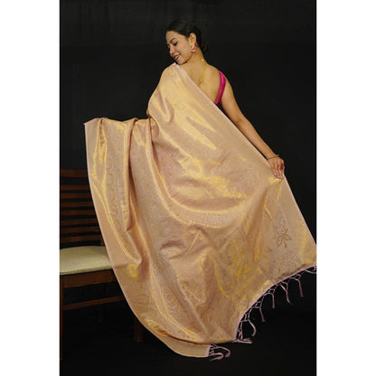 Isadora Life Womens Woven Zari Gold Pre-Draped Saree with Unstitched Blouse