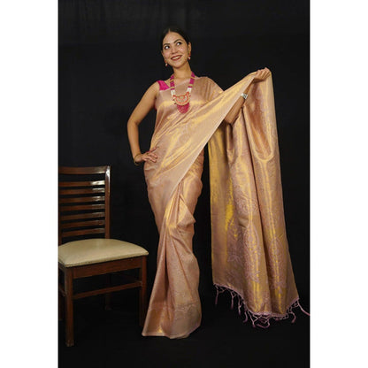 Isadora Life Womens Woven Zari Gold Pre-Draped Saree with Unstitched Blouse