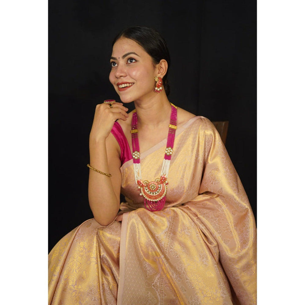 Isadora Life Womens Woven Zari Gold Pre-Draped Saree with Unstitched Blouse