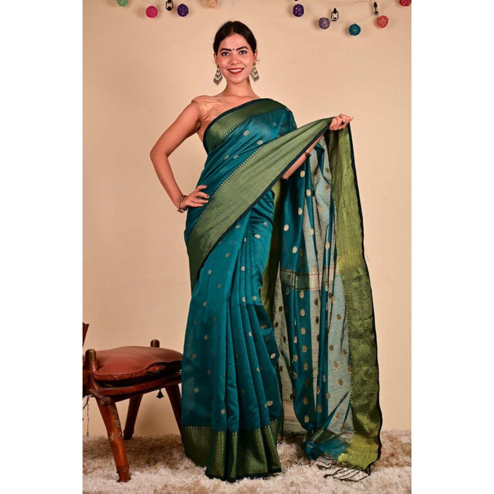 Isadora Life Womens Woven Zari Green Pre-Draped Saree with Unstitched Blouse