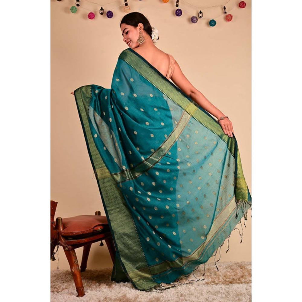 Isadora Life Womens Woven Zari Green Pre-Draped Saree with Unstitched Blouse