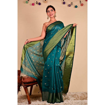 Isadora Life Womens Woven Zari Green Pre-Draped Saree with Unstitched Blouse