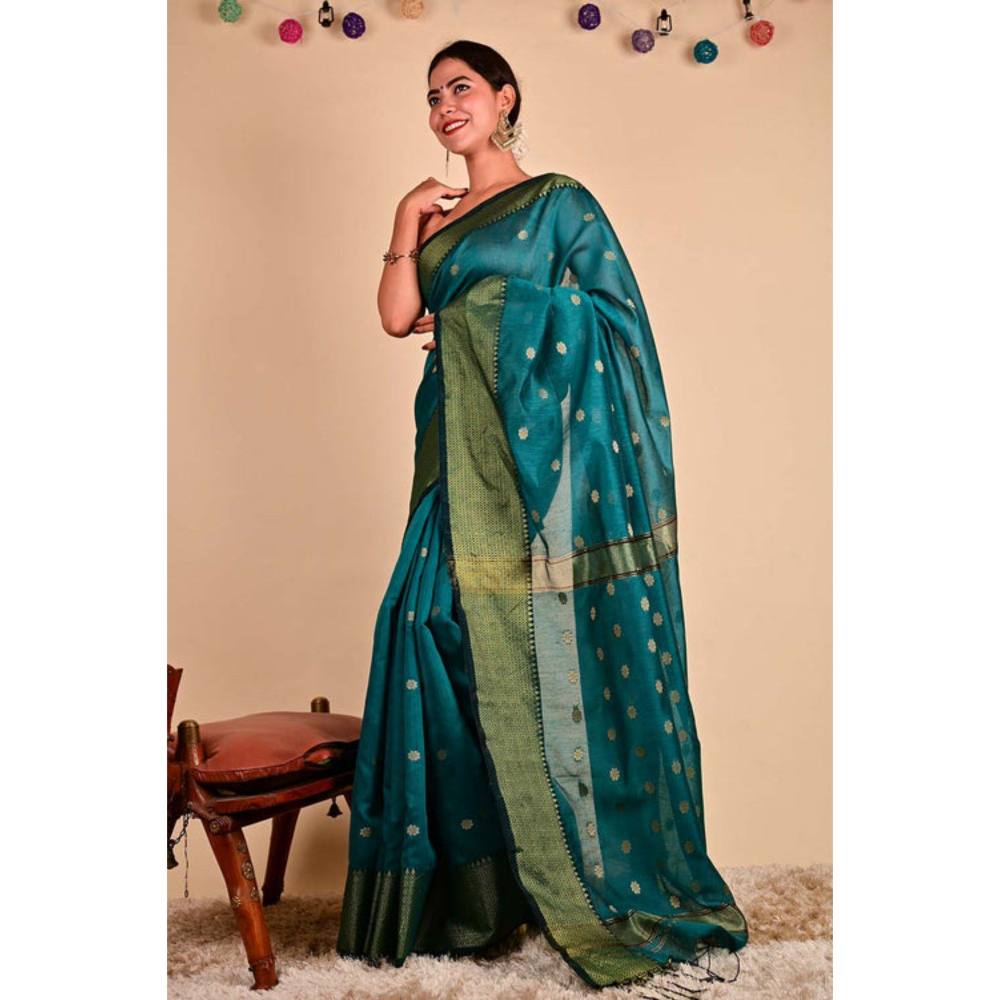 Isadora Life Womens Woven Zari Green Pre-Draped Saree with Unstitched Blouse