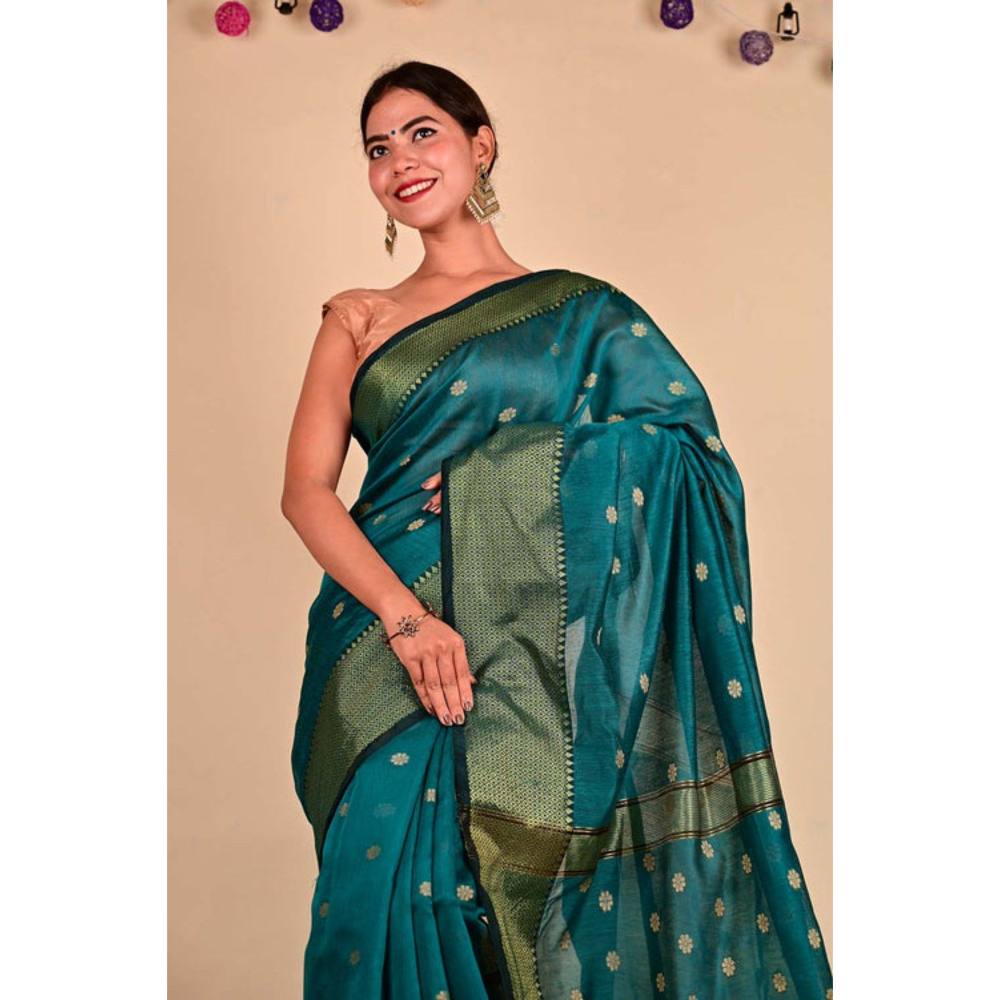 Isadora Life Womens Woven Zari Green Pre-Draped Saree with Unstitched Blouse