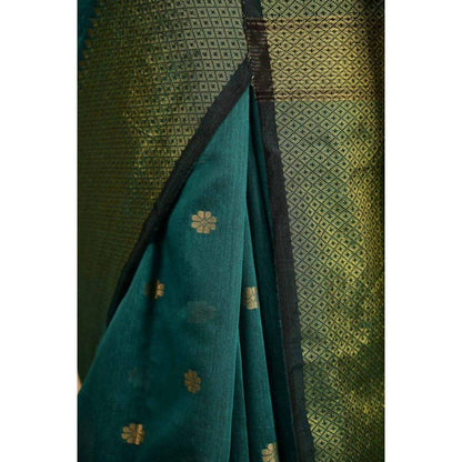 Isadora Life Womens Woven Zari Green Pre-Draped Saree with Unstitched Blouse