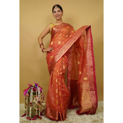 Isadora Life Womens Woven Zari Rust Pre-Draped Saree with Unstitched Blouse