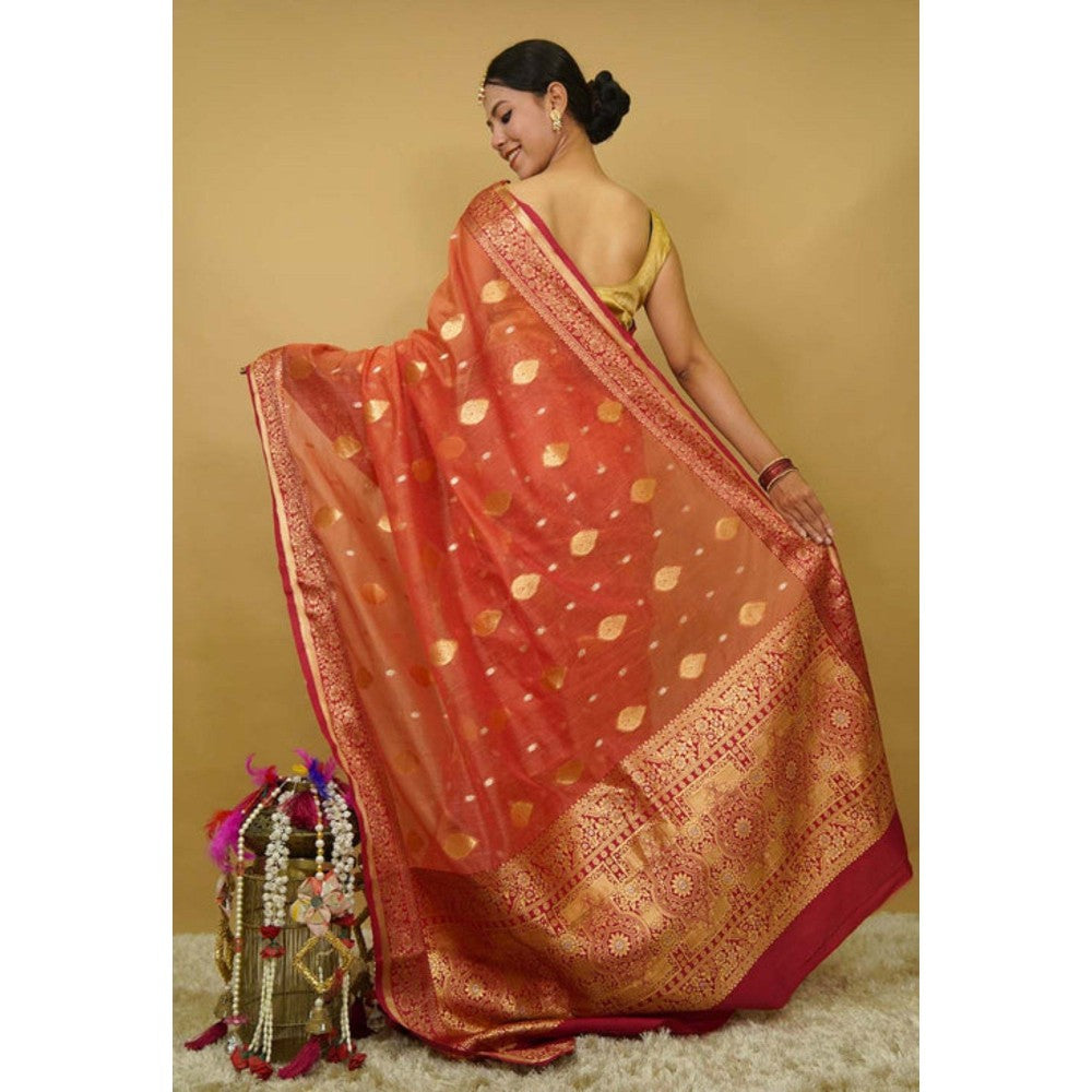 Isadora Life Womens Woven Zari Rust Pre-Draped Saree with Unstitched Blouse