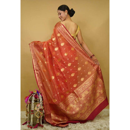Isadora Life Womens Woven Zari Rust Pre-Draped Saree with Unstitched Blouse