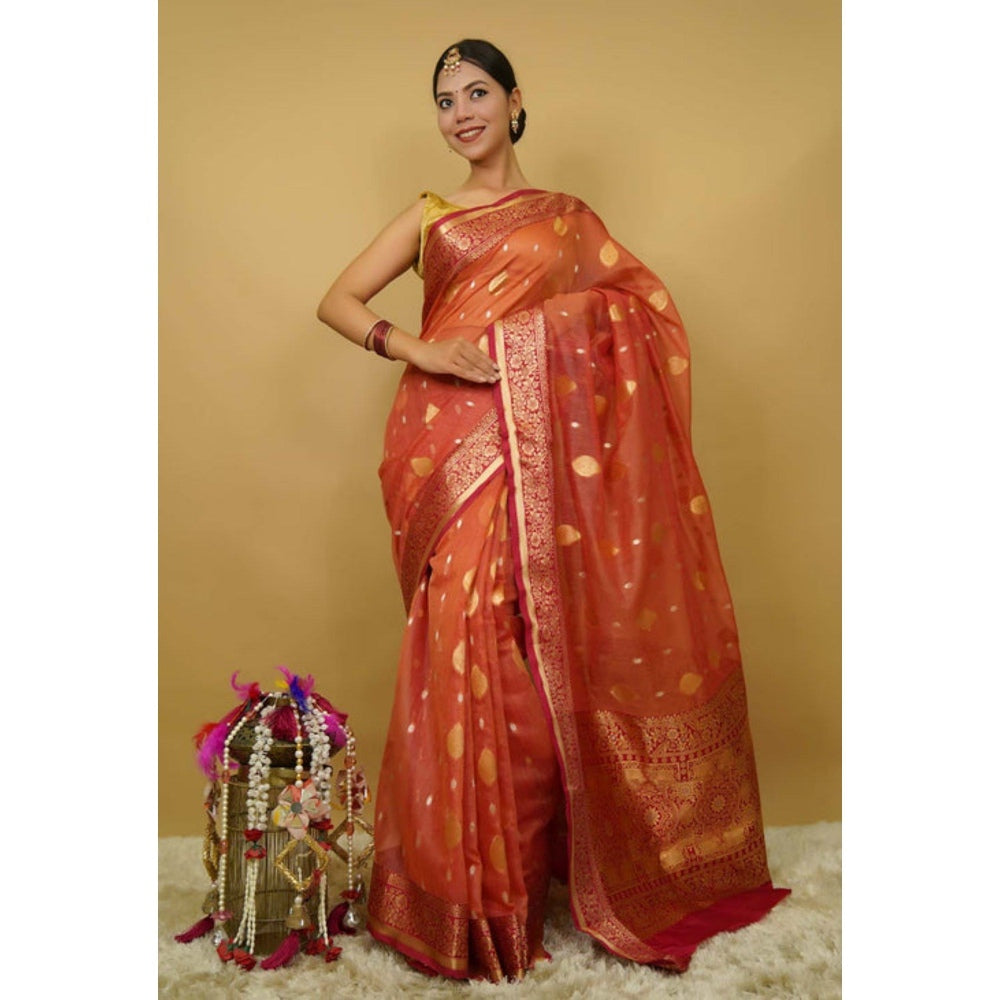 Isadora Life Womens Woven Zari Rust Pre-Draped Saree with Unstitched Blouse