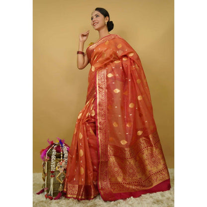 Isadora Life Womens Woven Zari Rust Pre-Draped Saree with Unstitched Blouse
