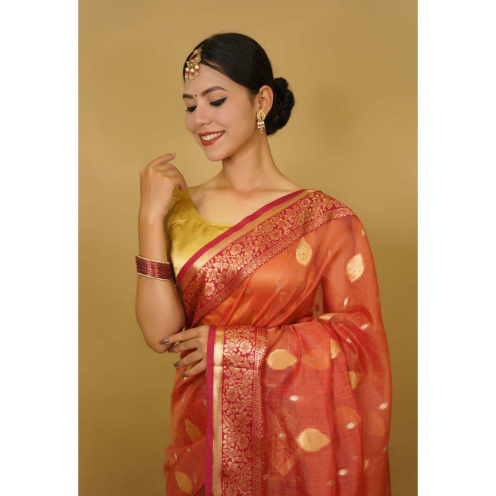 Isadora Life Womens Woven Zari Rust Pre-Draped Saree with Unstitched Blouse