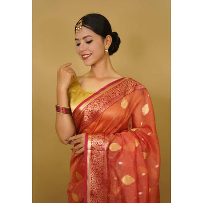 Isadora Life Womens Woven Zari Rust Pre-Draped Saree with Unstitched Blouse