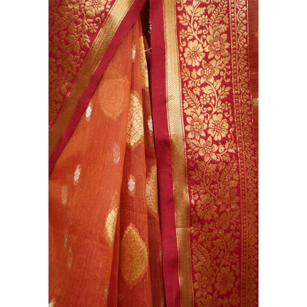 Isadora Life Womens Woven Zari Rust Pre-Draped Saree with Unstitched Blouse