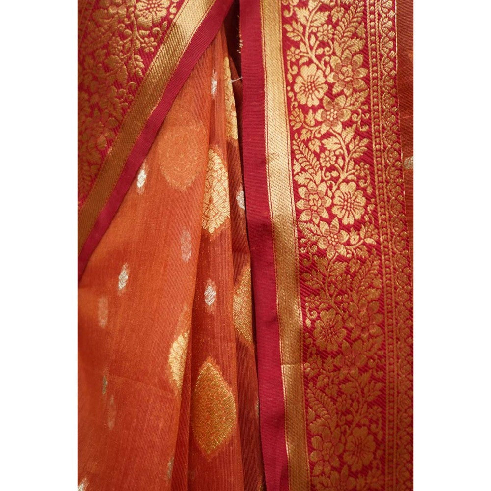 Isadora Life Womens Woven Zari Rust Pre-Draped Saree with Unstitched Blouse