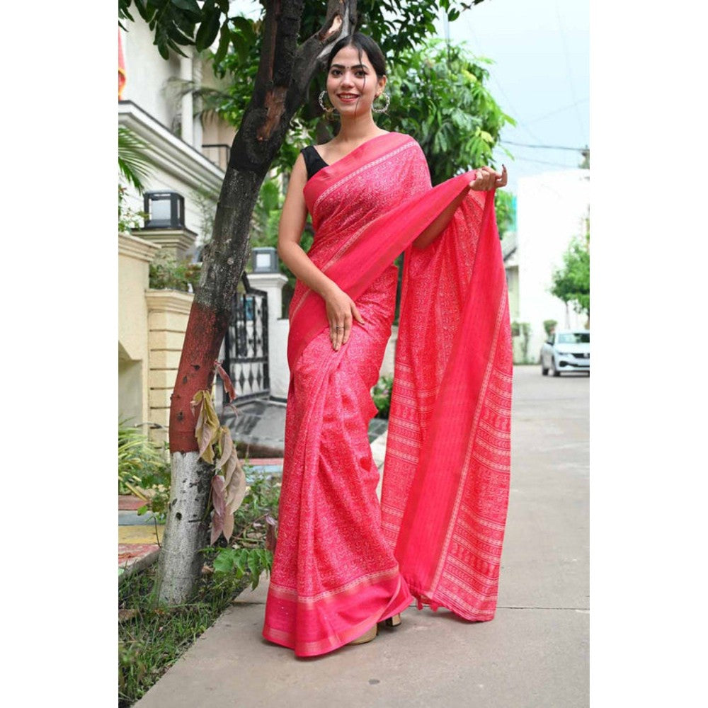 Isadora Life Womens Printed Tassels Pink Pre-Draped Saree with Unstitched Blouse