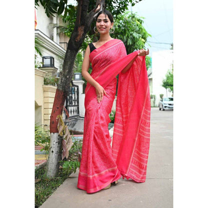 Isadora Life Womens Printed Tassels Pink Pre-Draped Saree with Unstitched Blouse