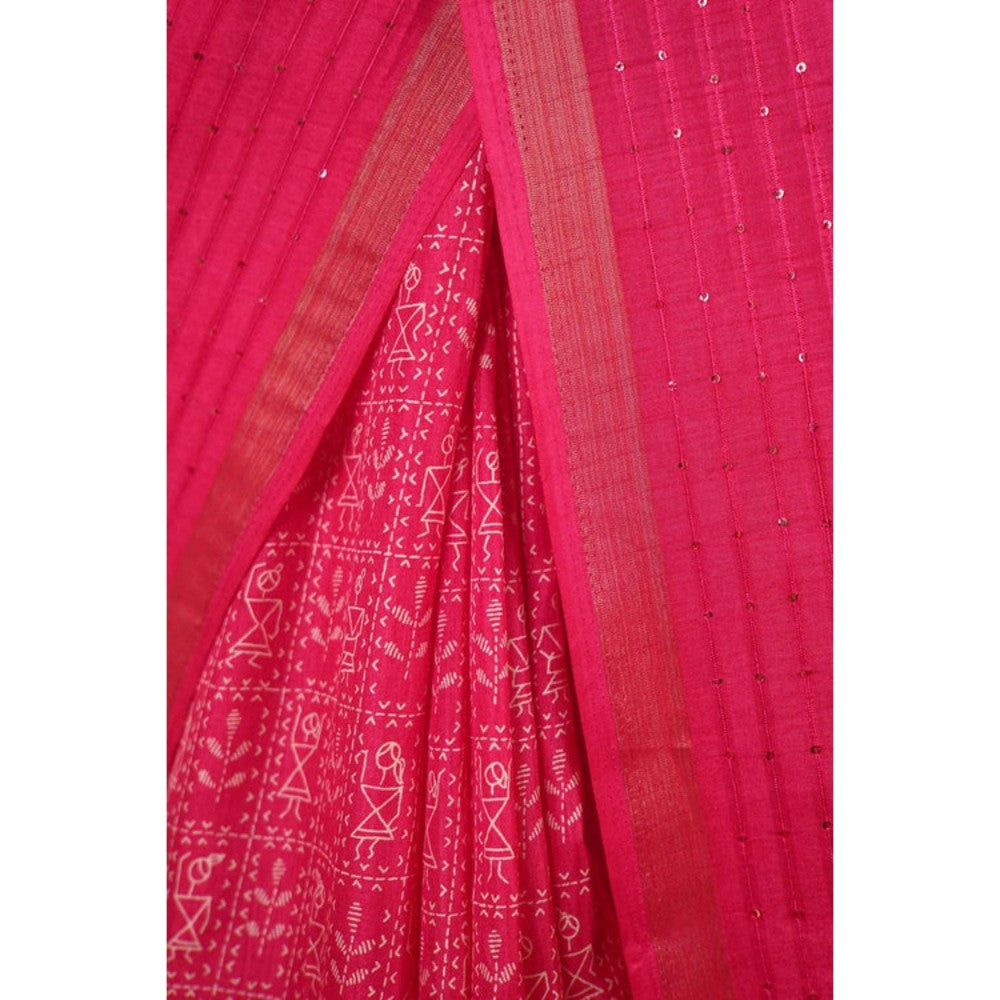 Isadora Life Womens Printed Tassels Pink Pre-Draped Saree with Unstitched Blouse
