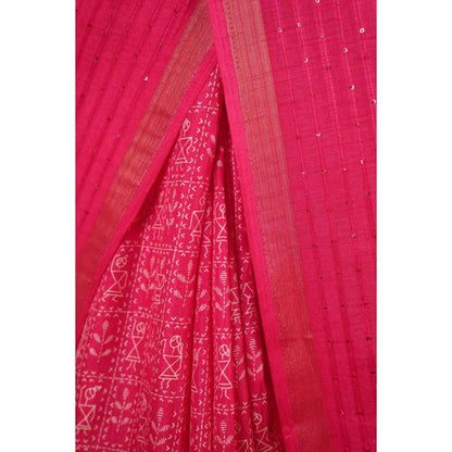 Isadora Life Womens Printed Tassels Pink Pre-Draped Saree with Unstitched Blouse