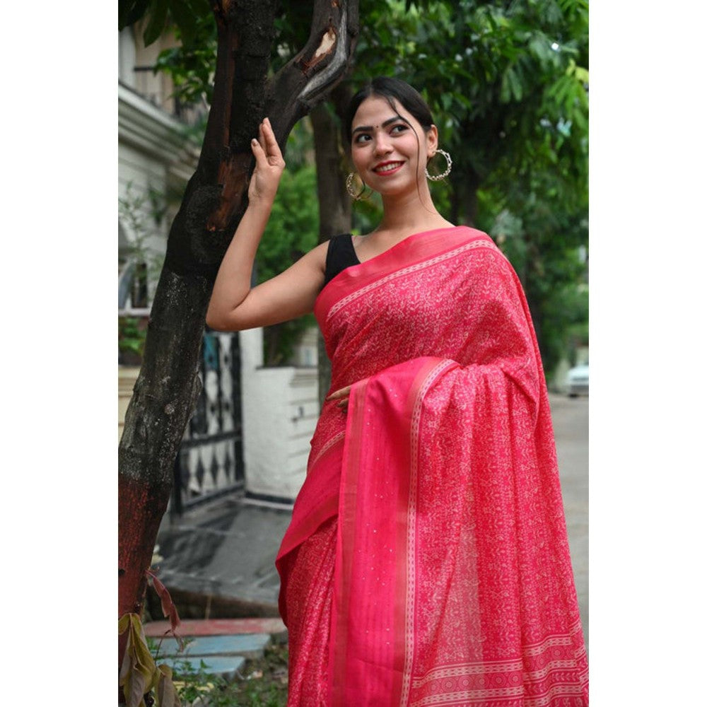 Isadora Life Womens Printed Tassels Pink Pre-Draped Saree with Unstitched Blouse
