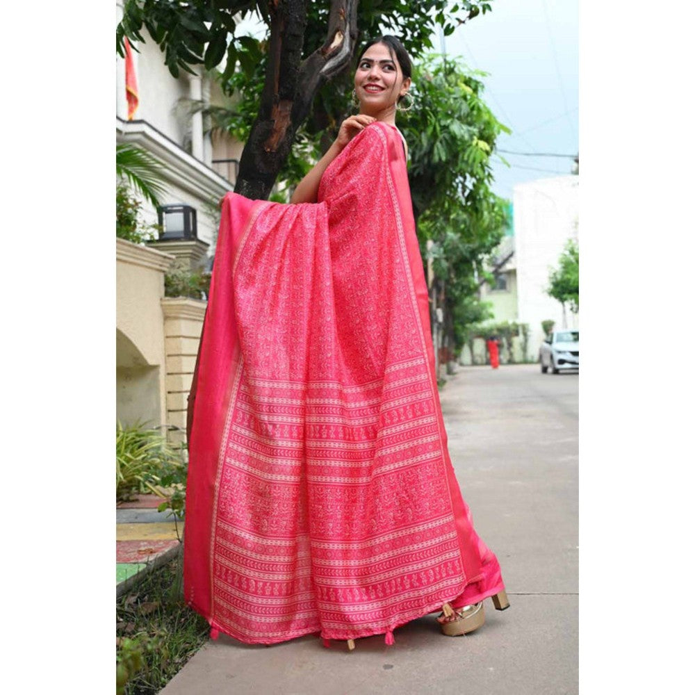 Isadora Life Womens Printed Tassels Pink Pre-Draped Saree with Unstitched Blouse